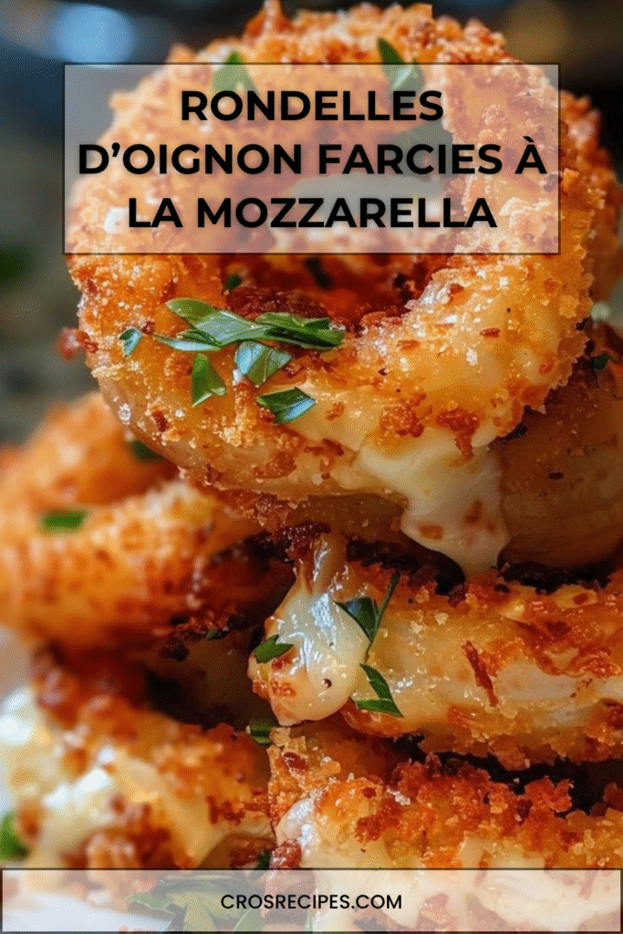Rondelles d’oignon farcies à la mozzarella dorées et croustillantes, servies chaudes avec une sauce marinara.
