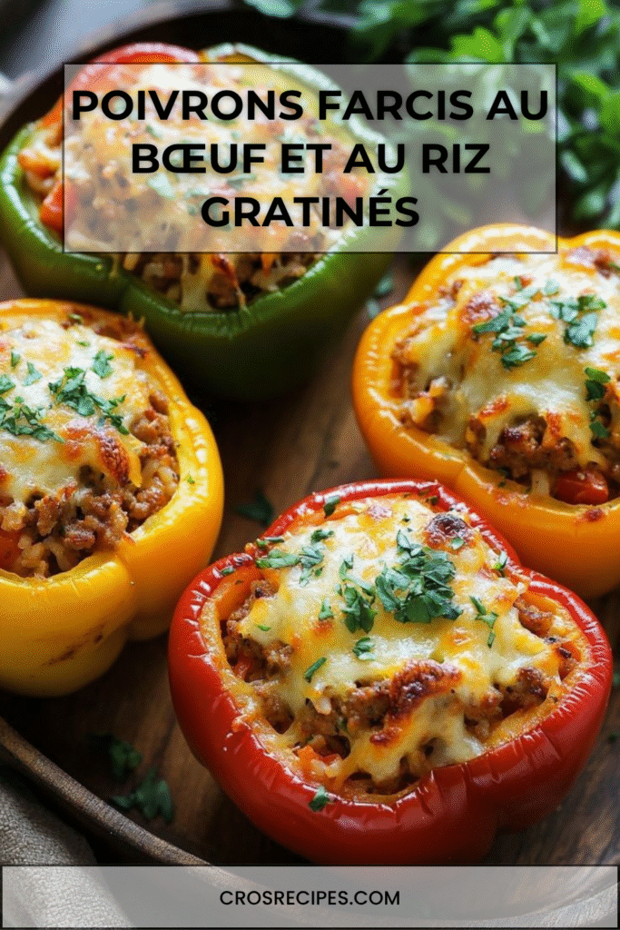 Poivrons farcis au bœuf et au riz, gratinés au fromage doré et garnis de persil frais dans un plat au four.
