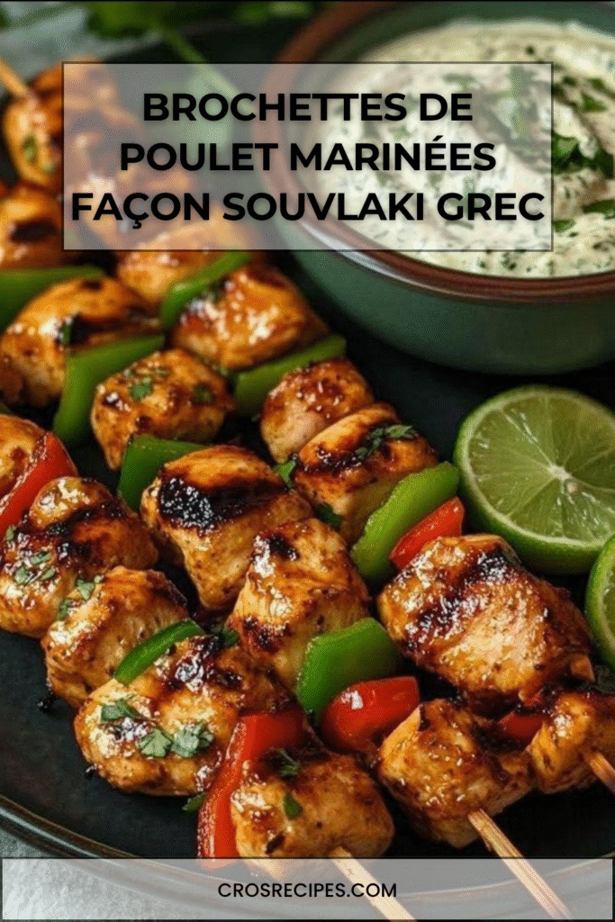 Brochettes de poulet façon souvlaki grec grillées, servies avec sauce tzatziki et quartiers de citron vert.