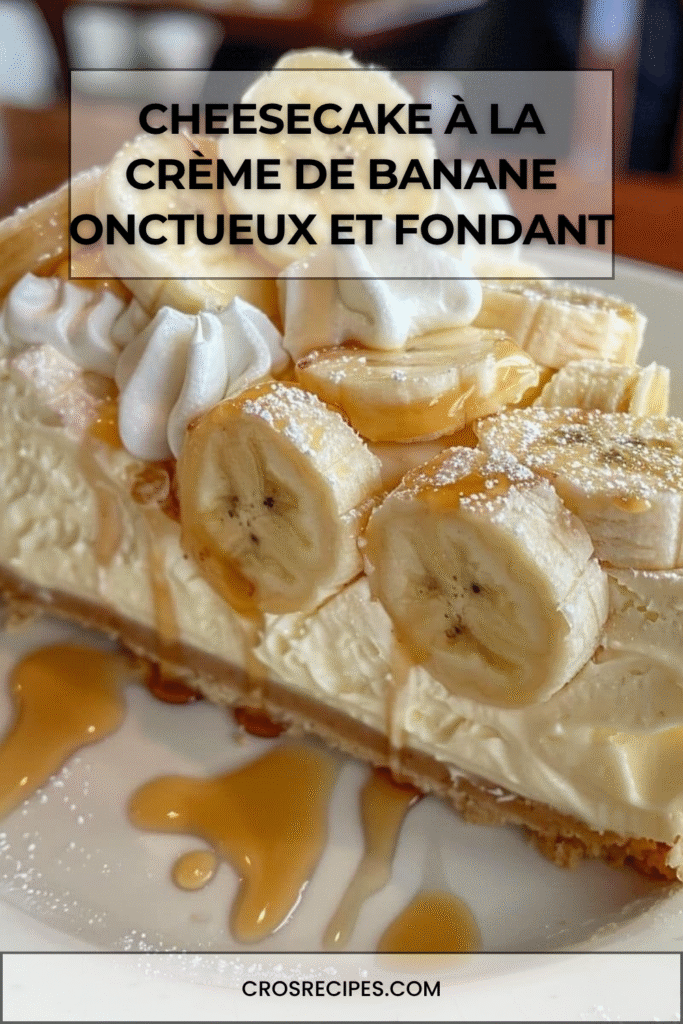 Cheesecake à la crème de banane garni de chantilly, tranches de banane et filet de caramel doré.
