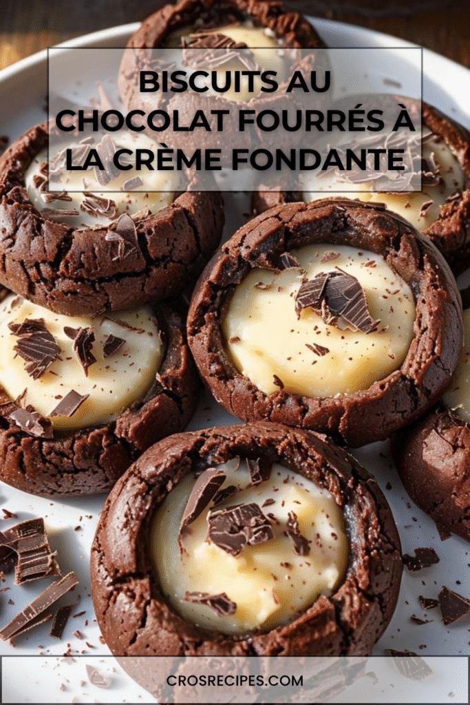 Biscuits au chocolat fourrés à la crème pâtissière, décorés de copeaux de chocolat noir et présentés sur une assiette.