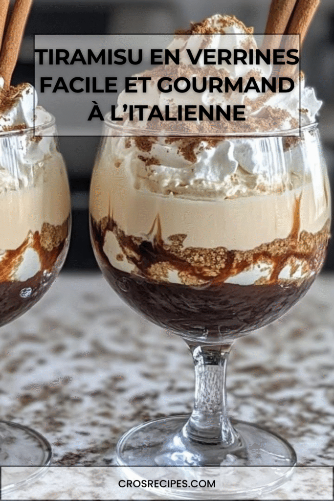 Verrines individuelles de tiramisu au mascarpone et cacao, décorées de poudre de cacao et servies fraîches.