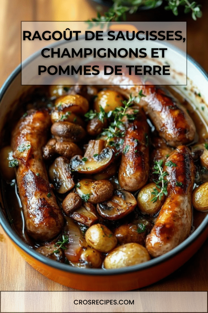 Ragoût de saucisses, champignons et pommes de terre dorés au four, servi chaud avec herbes fraîches.