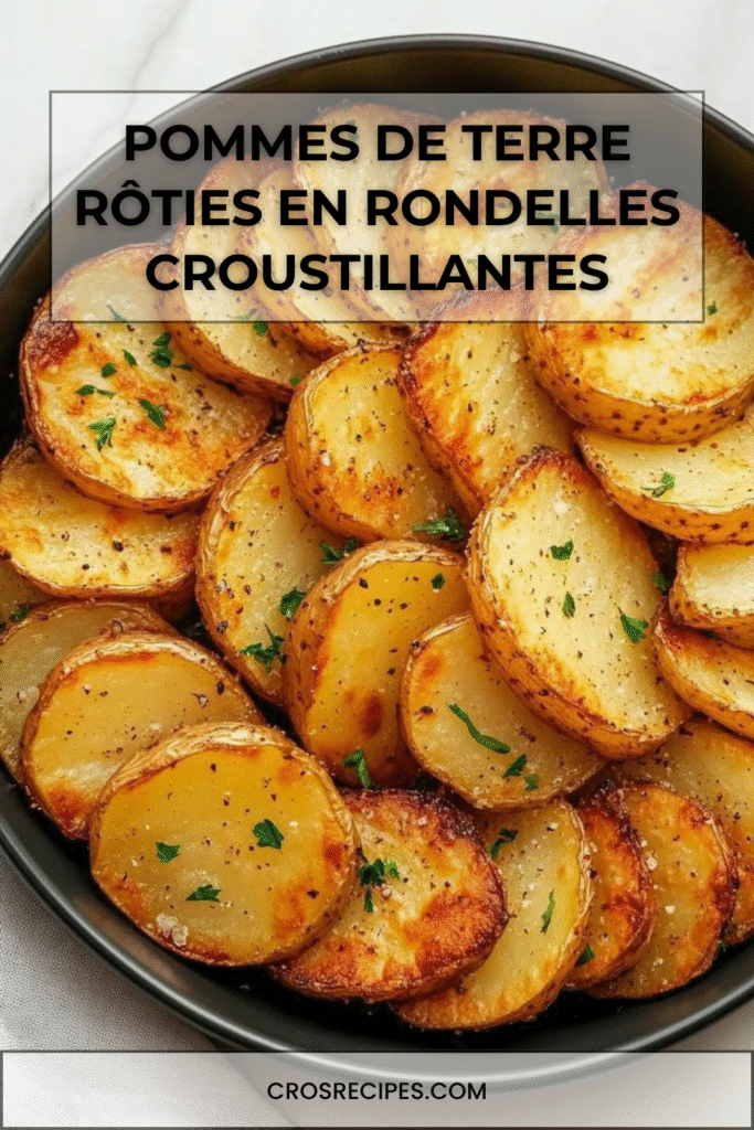 Pommes de terre rôties en rondelles dorées avec herbes et ail.