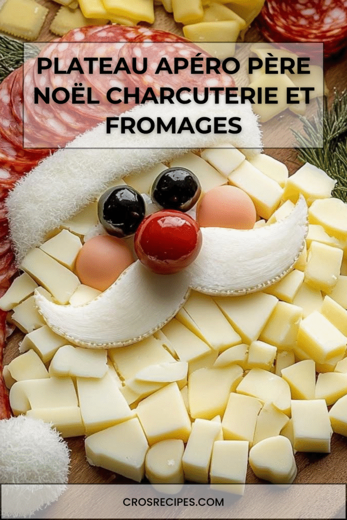 Plateau apéritif en forme de Père Noël avec fromages, salami et romarin.