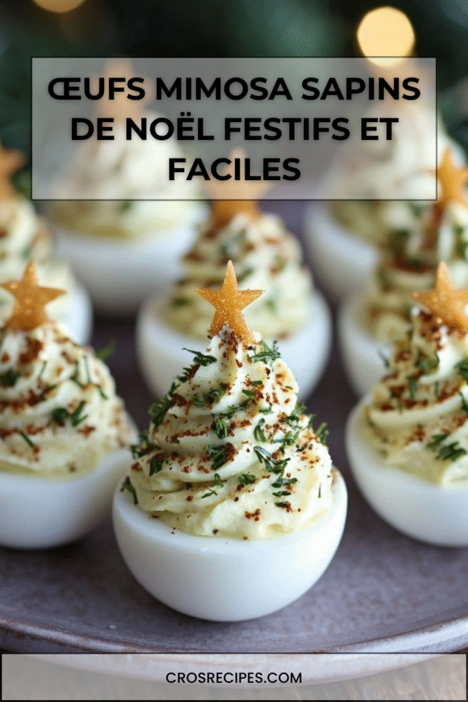 Œufs mimosa décorés en petits sapins avec herbes et étoiles de légumes.