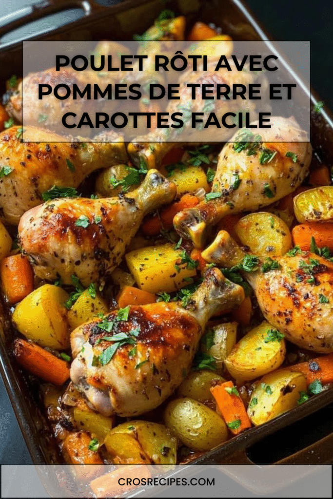 Plat de pilons de poulet rôti avec pommes de terre et carottes dorées au four.