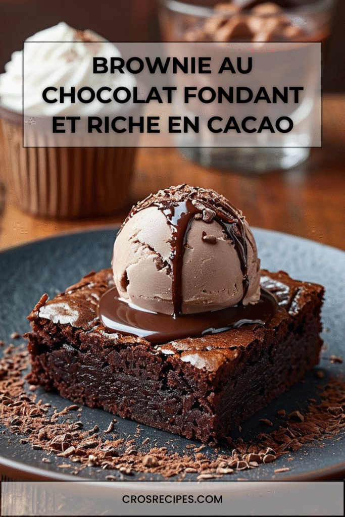 Brownie au chocolat fondant servi avec glace et sauce chocolat.
