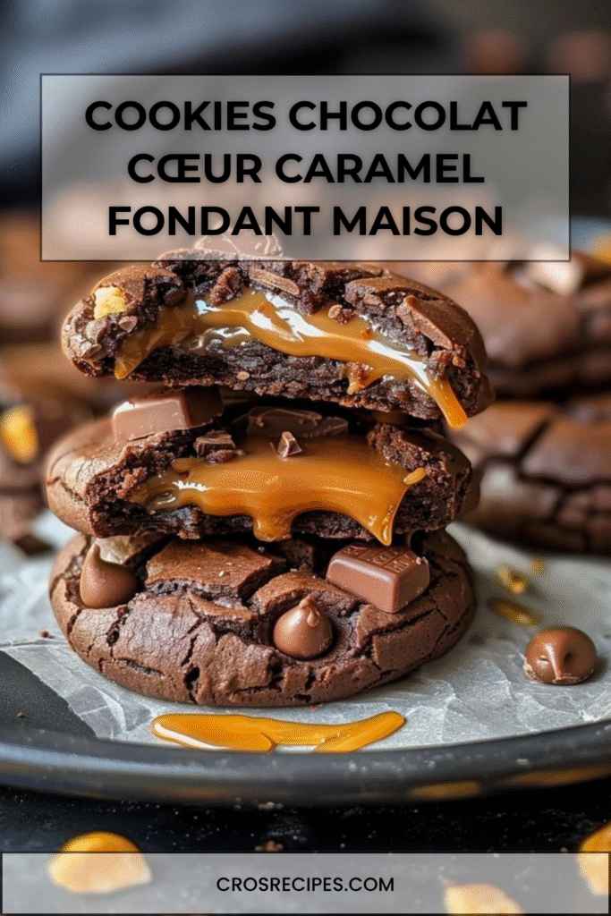 Cookies au chocolat ouverts montrant un cœur de caramel fondant.