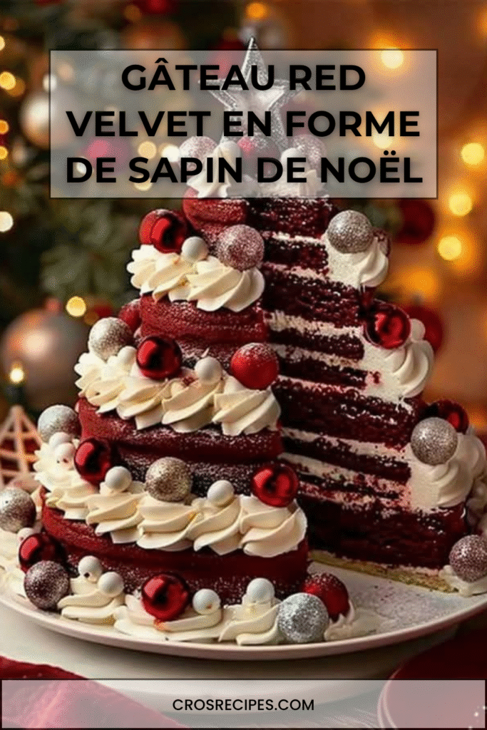 Gâteau Red Velvet en forme de sapin de Noël, superposé en étages rouges et blancs, décoré de glaçage et d’ornements festifs.