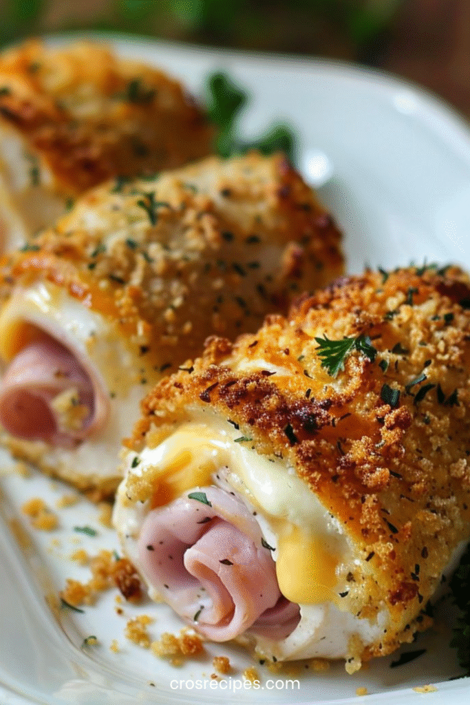 Roulés de poulet Cordon Bleu dorés et croustillants, tranchés pour révéler le fromage fondant et le jambon.
