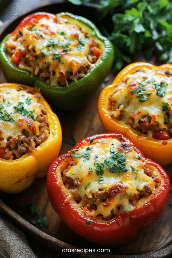 Poivrons farcis au bœuf et au riz, gratinés au fromage doré et garnis de persil frais dans un plat au four.