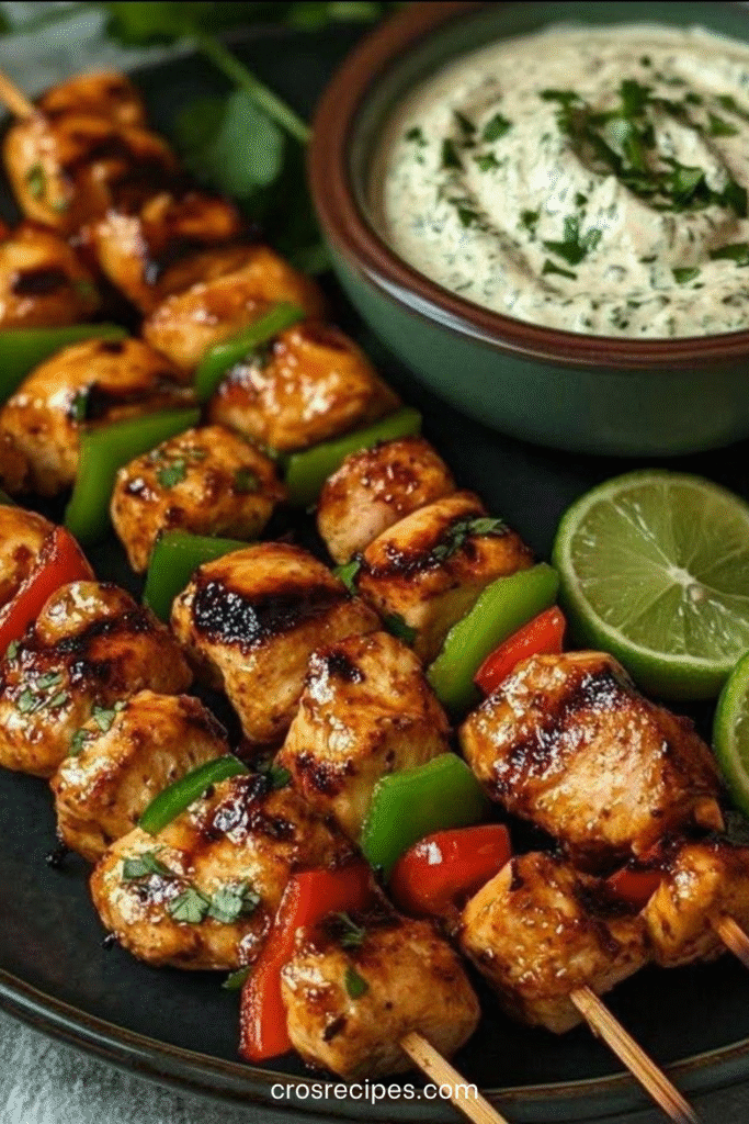 Brochettes de poulet façon souvlaki grec grillées, servies avec sauce tzatziki et quartiers de citron vert.