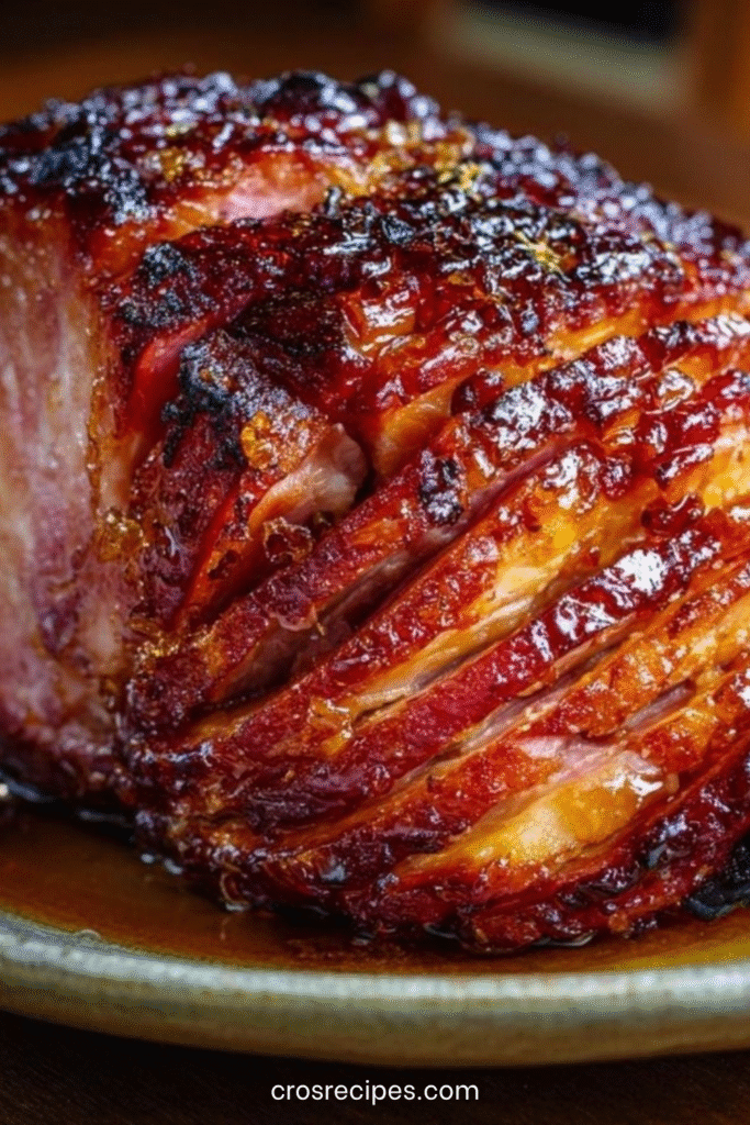 Jambon glacé au miel à la mijoteuse, nappé d’un glaçage doré et caramélisé, tranché et servi avec une sauce sucrée-salée.