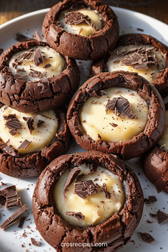 Biscuits au chocolat fourrés à la crème pâtissière, décorés de copeaux de chocolat noir et présentés sur une assiette.