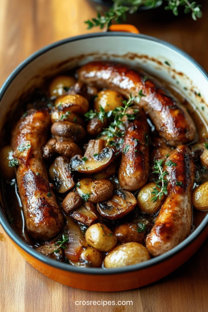 Ragoût de saucisses, champignons et pommes de terre dorés au four, servi chaud avec herbes fraîches.