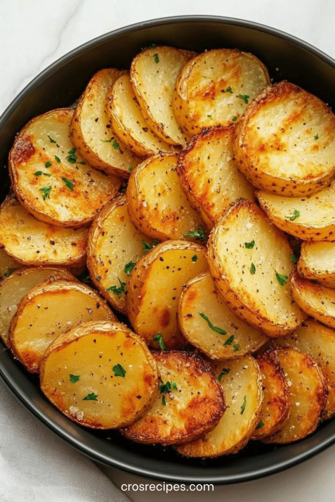 Pommes de terre rôties en rondelles dorées avec herbes et ail.