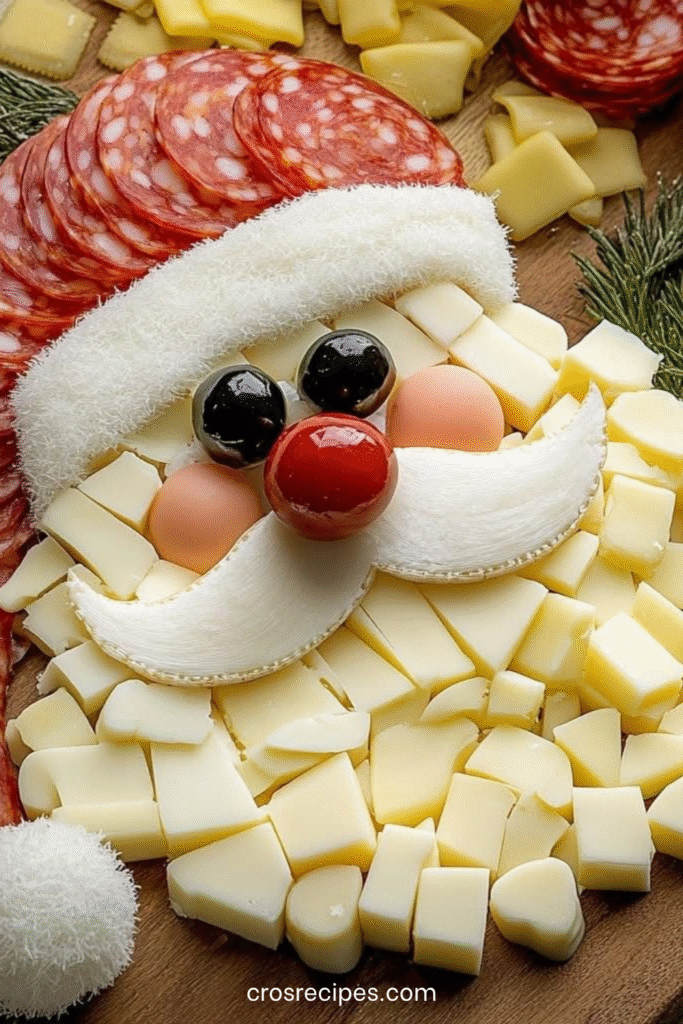 plateau apéro en forme de Père Noël avec fromages, salami et romarin.