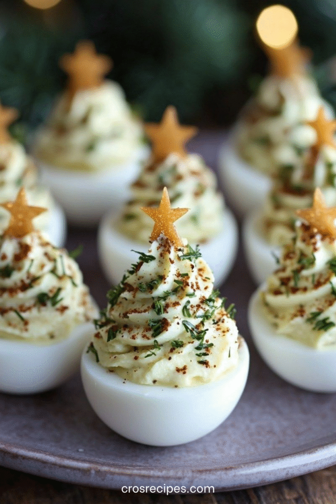 Œufs mimosa décorés en petits sapins avec herbes et étoiles de légumes.