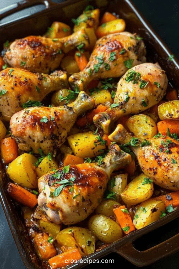 Plat de pilons de poulet rôti avec pommes de terre et carottes dorées au four.