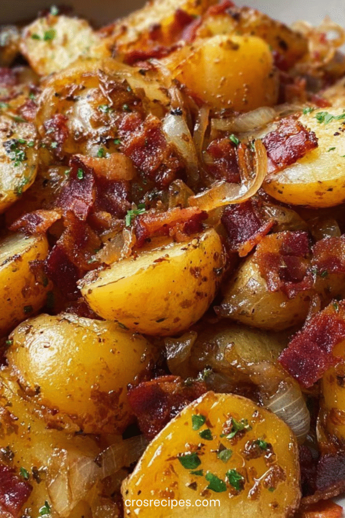 Pommes de terre sautées dorées avec oignons caramélisés et lardons croustillants.