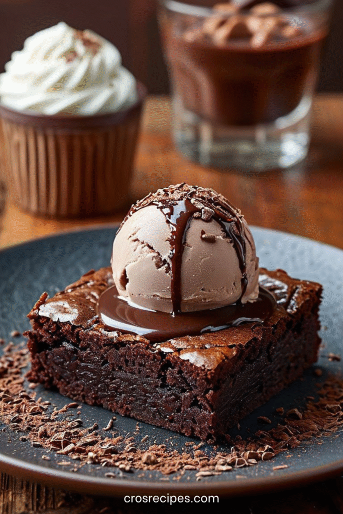 Brownie au chocolat fondant servi avec glace et sauce chocolat.