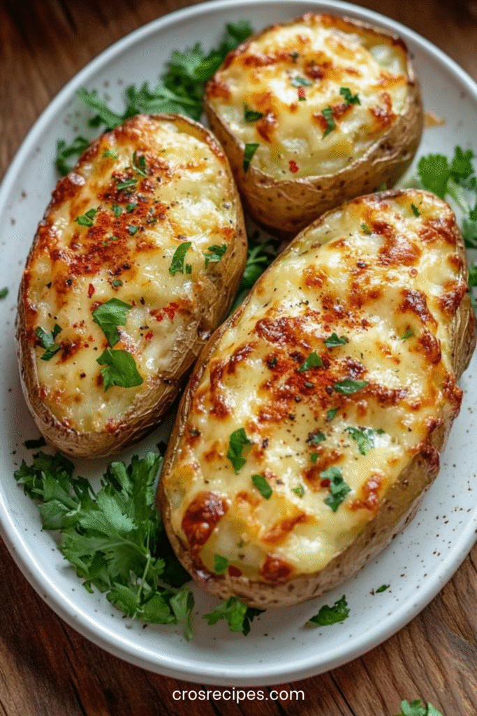 Pommes de terre farcies gratinées au fromage avec persil.