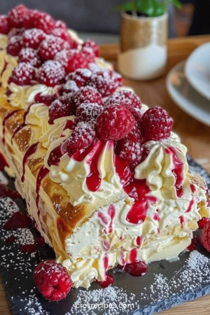 Bûche framboise roulée garnie de crème mascarpone et framboises, décorée de sucre glace.