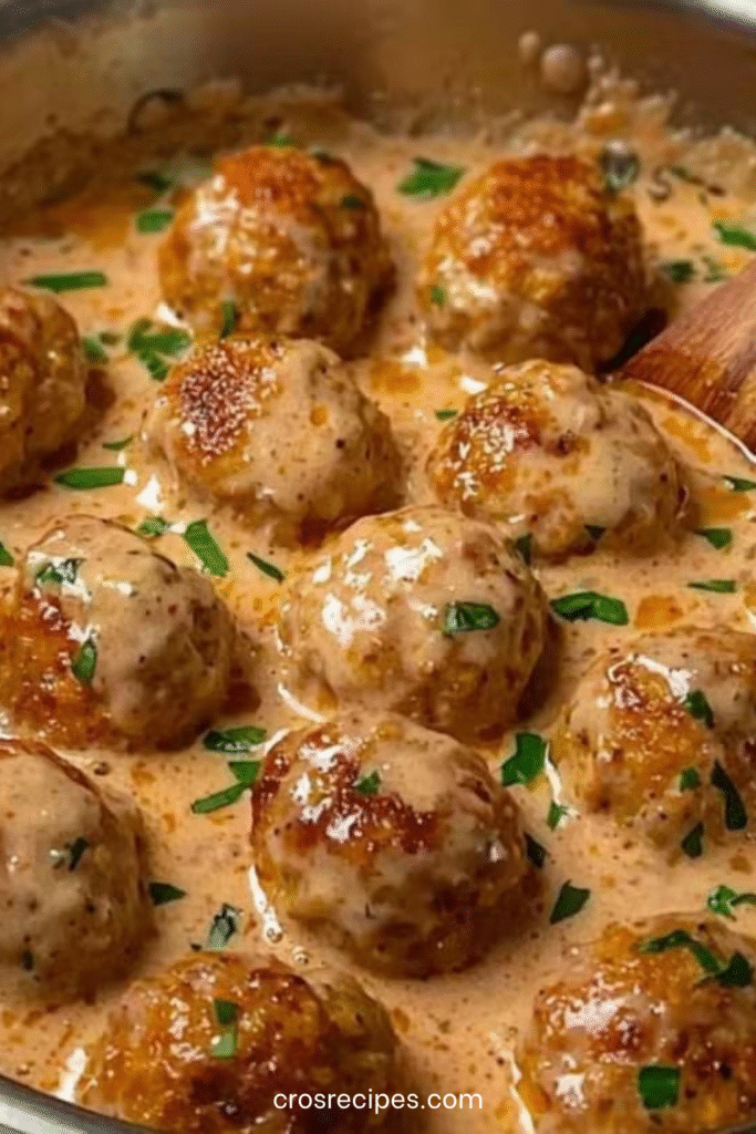 Assiette de boulettes de viande suédoises nappées de sauce crémeuse avec purée.