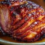 Jambon glacé au miel à la mijoteuse, nappé d’un glaçage doré et caramélisé, tranché et servi avec une sauce sucrée-salée.