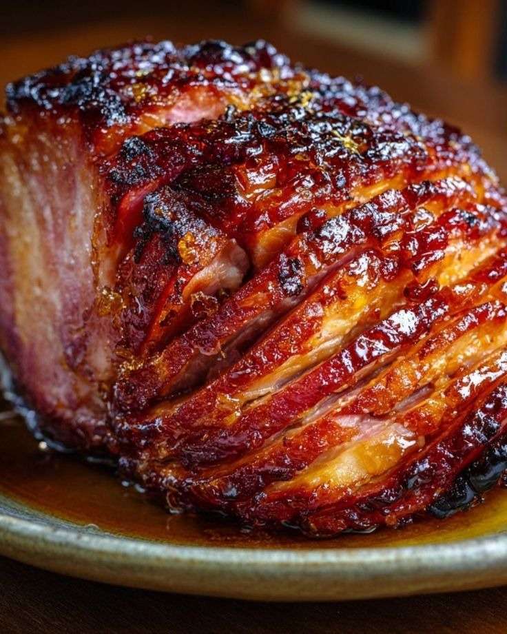 Jambon glacé au miel à la mijoteuse, nappé d’un glaçage doré et caramélisé, tranché et servi avec une sauce sucrée-salée.