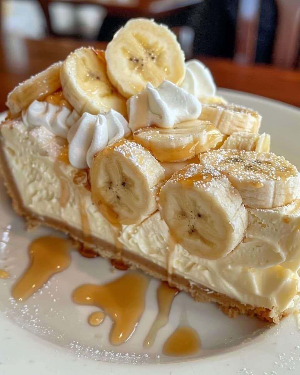 Cheesecake à la crème de banane garni de chantilly, tranches de banane et filet de caramel doré.