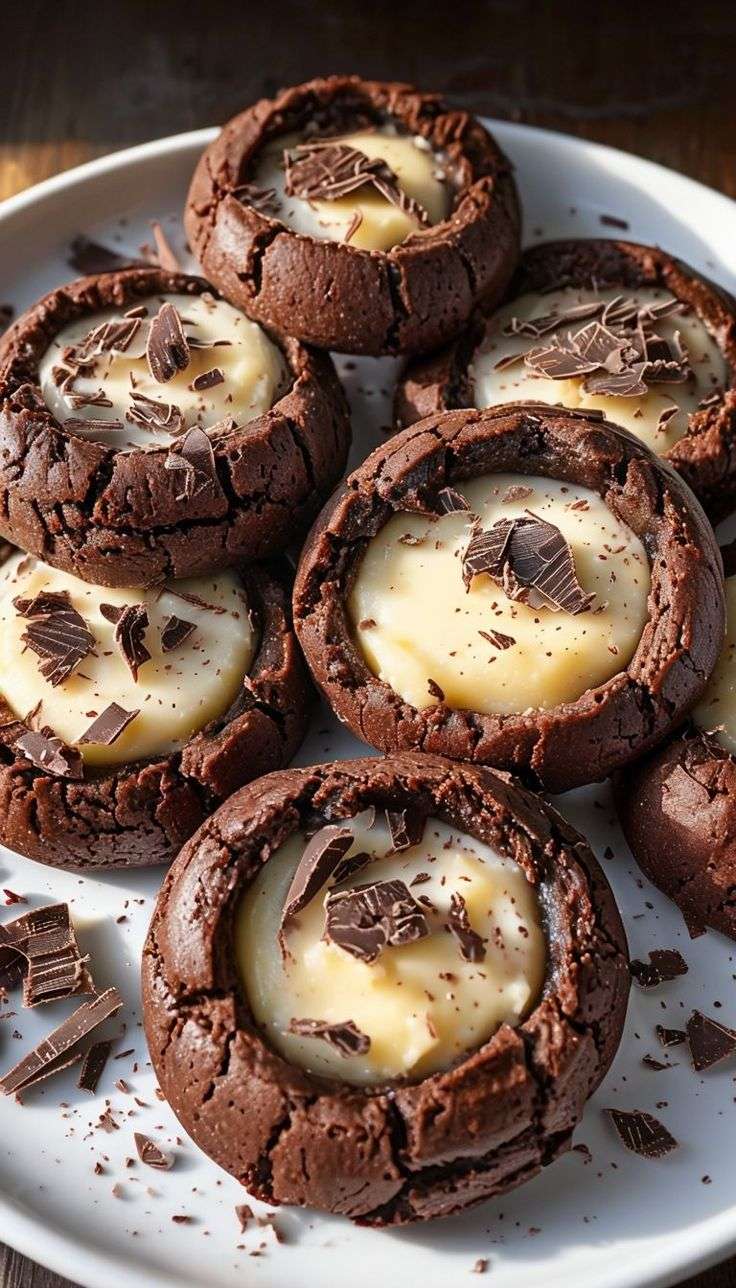 Biscuits au chocolat fourrés à la crème pâtissière, décorés de copeaux de chocolat noir et présentés sur une assiette.