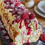 Bûche framboise roulée garnie de crème mascarpone et framboises, décorée de sucre glace.