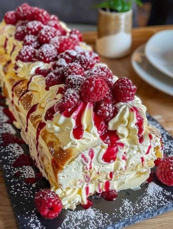 Bûche framboise roulée garnie de crème mascarpone et framboises, décorée de sucre glace.
