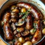 Ragoût de saucisses, champignons et pommes de terre dorés au four, servi chaud avec herbes fraîches.