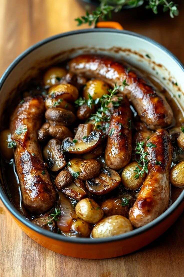 Ragoût de saucisses, champignons et pommes de terre dorés au four, servi chaud avec herbes fraîches.