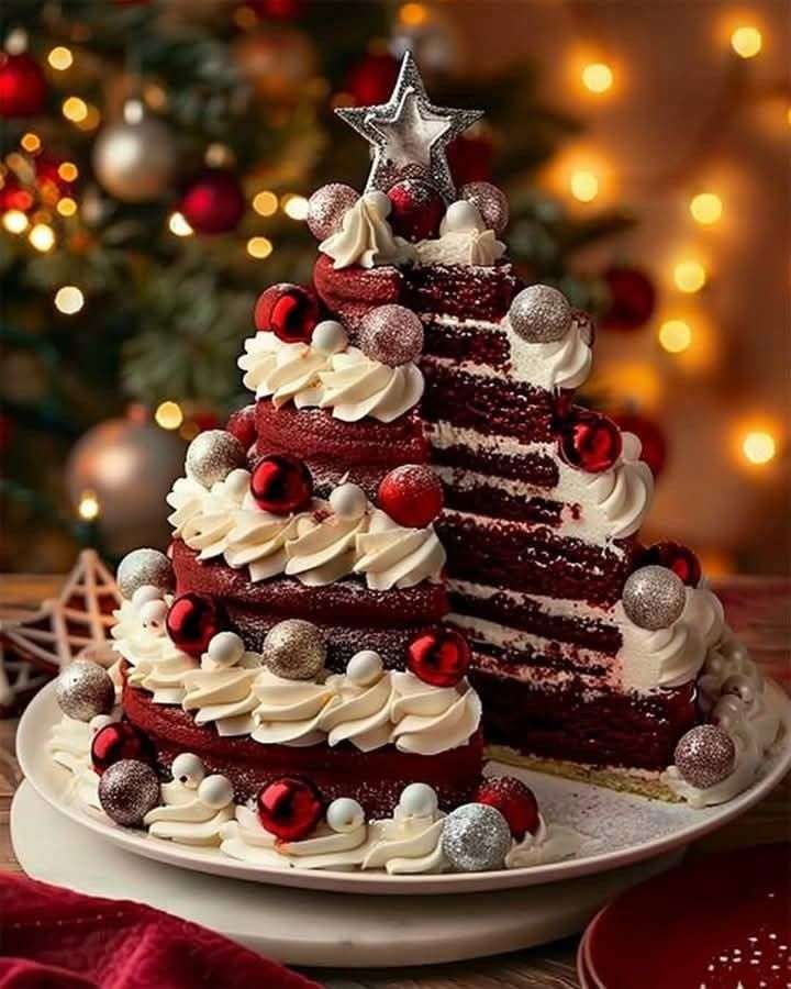 Gâteau Red Velvet en forme de sapin de Noël, superposé en étages rouges et blancs, décoré de glaçage et d’ornements festifs.
