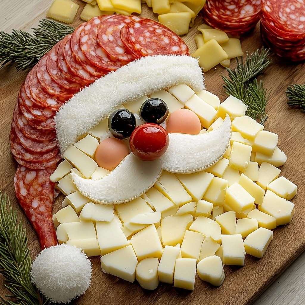 plateau apéro en forme de Père Noël avec fromages, salami et romarin.