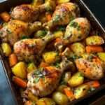 Plat de pilons de poulet rôti avec pommes de terre et carottes dorées au four.