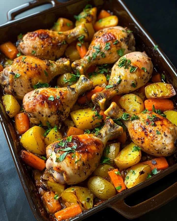 Plat de pilons de poulet rôti avec pommes de terre et carottes dorées au four.
