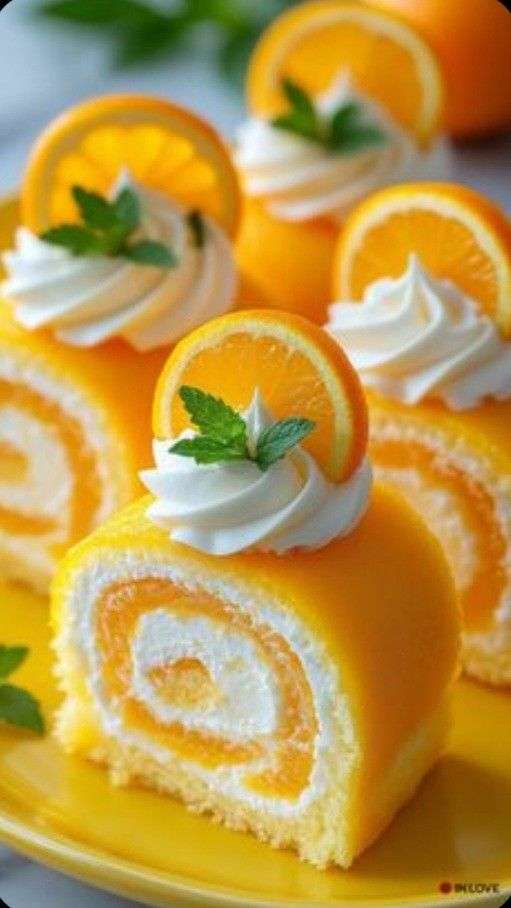 Gâteau roulé moelleux parfumé à l’orange, garni de crème et décoré de tranches d’orange.