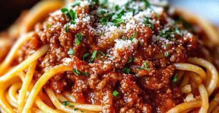 Assiette de spaghetti bolognaise garnie de sauce ragù, parmesan râpé et persil frais.