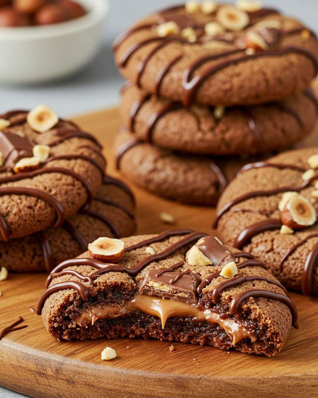 Cookieschocolat fourrés au caramel fondant et parsemés de noisettes hachées.
