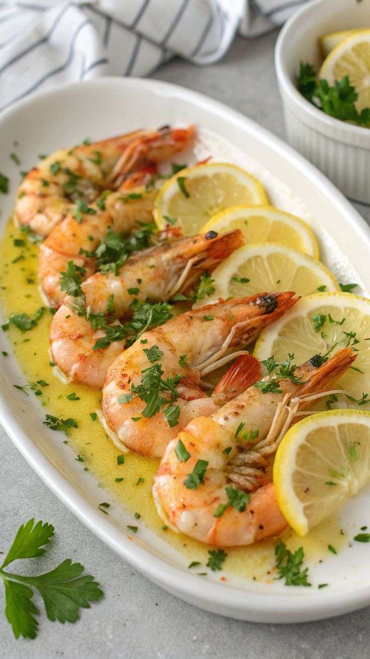 Crevettes à l’ail et au beurre citronné sautées, garnies de persil frais.