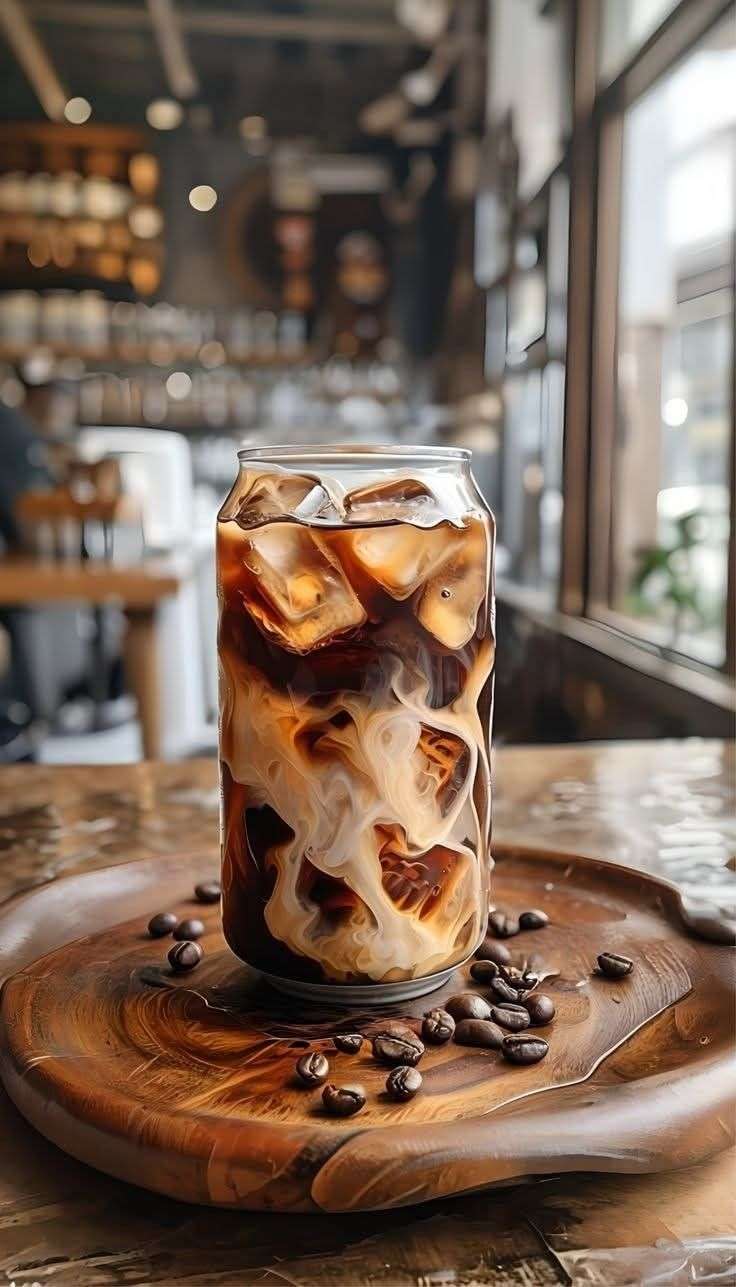 Verre de café latté glacé avec glaçons et effet marbré.