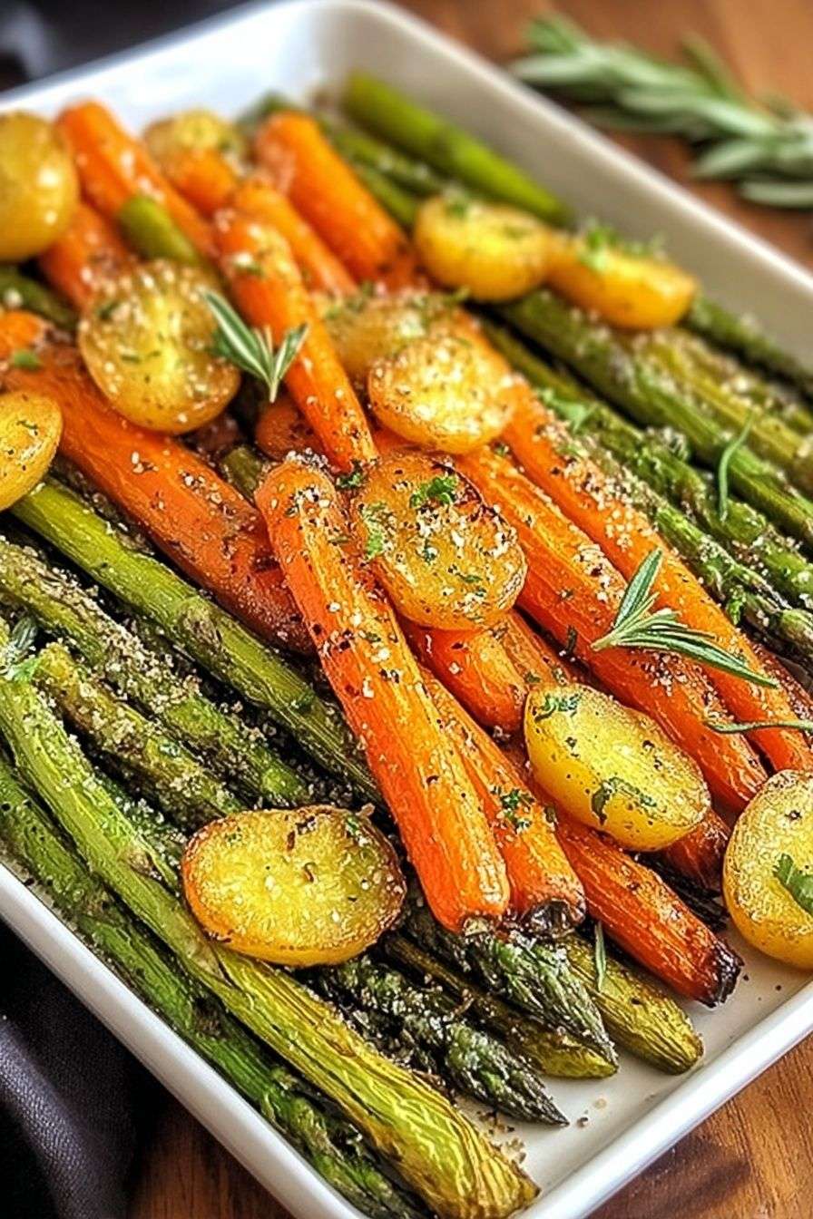 Assortiment de légumes rôtis au four, asperges, carottes et pommes de terre dorées avec herbes et fleur de sel.