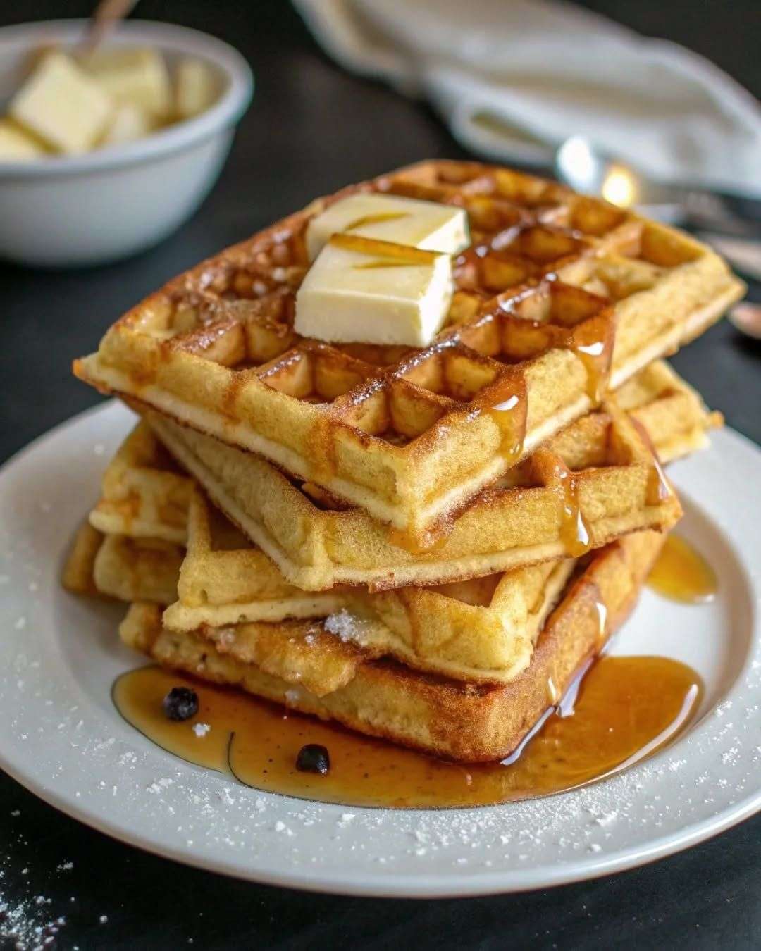 Assiette de gaufres dorées et croustillantes empilées, servies avec du beurre fondant et du sirop d’érable qui coule sur les carrés.