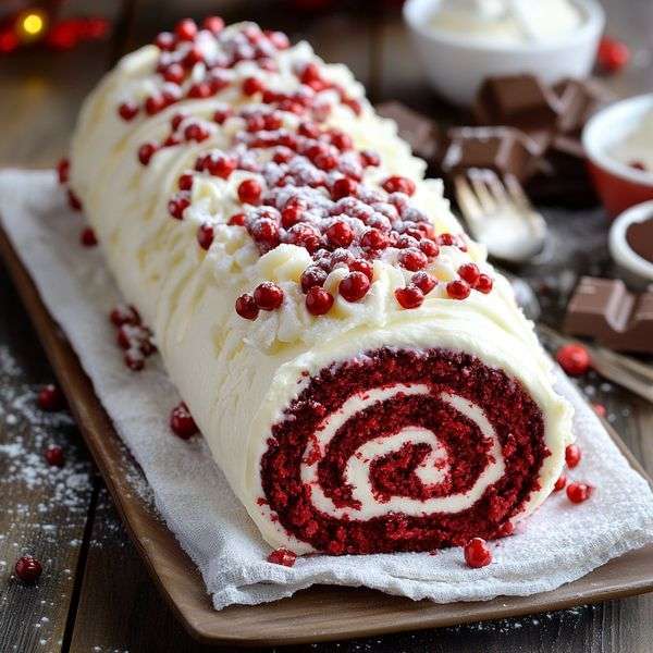 Bûche de Noël Red Velvet roulée, glacée au fromage à la crème et décorée de framboises et fruits rouges avec sucre glace façon neige.