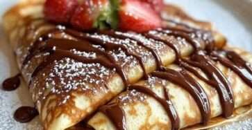 Assiette de crêpes pliées en quartiers, garnies de sauce au chocolat et de fraises fraîches tranchées, saupoudrées de sucre glace.